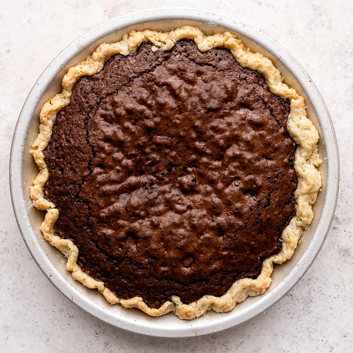 brownie pie in a pie dish after baking