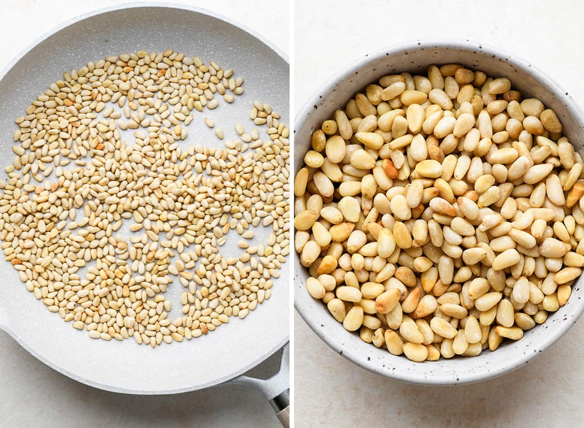 two photos showing how to toast pine nuts for Caprese Orzo Salad