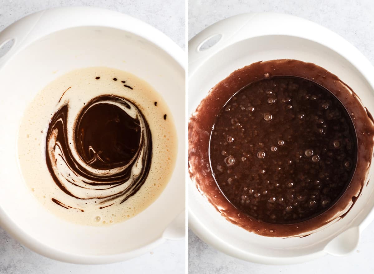 two photos showing how to make Coffee Brownies - combining chocolate and eggs