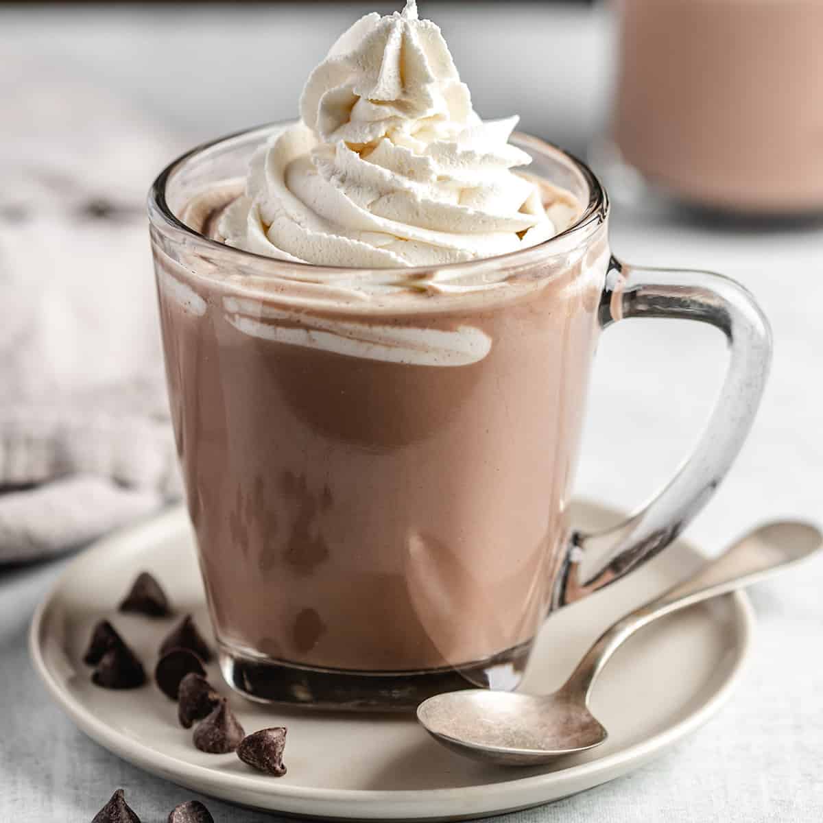 a glass mug of Crockp ot Hot Chocolate topped with whipped cream