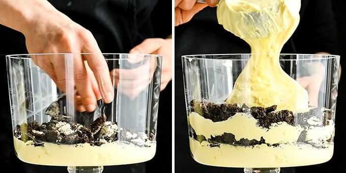 two photos showing the front view of a glass trifle dish. The right photo shows a hand sprinkling Oreos into the dish, the right shows adding another pudding layer to the Oreo Dirt Cake