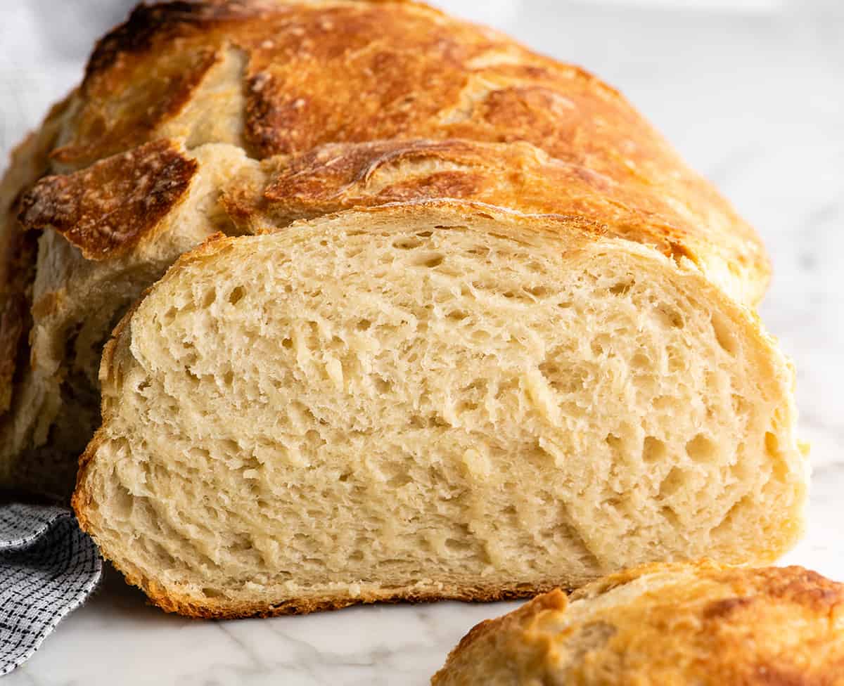 front view of a slice of no knead bread