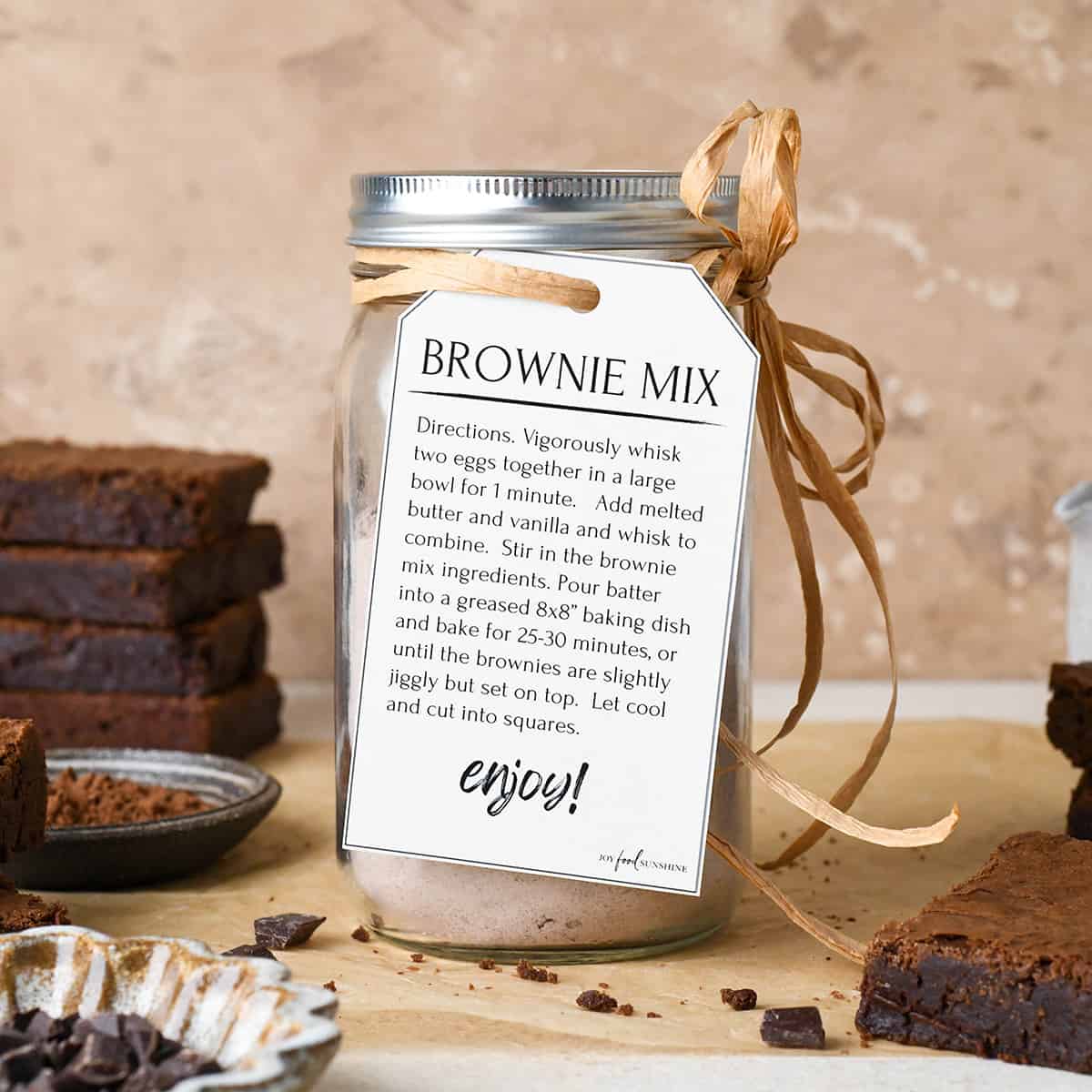 Homemade Brownie Mix in a glass jar with instruction label