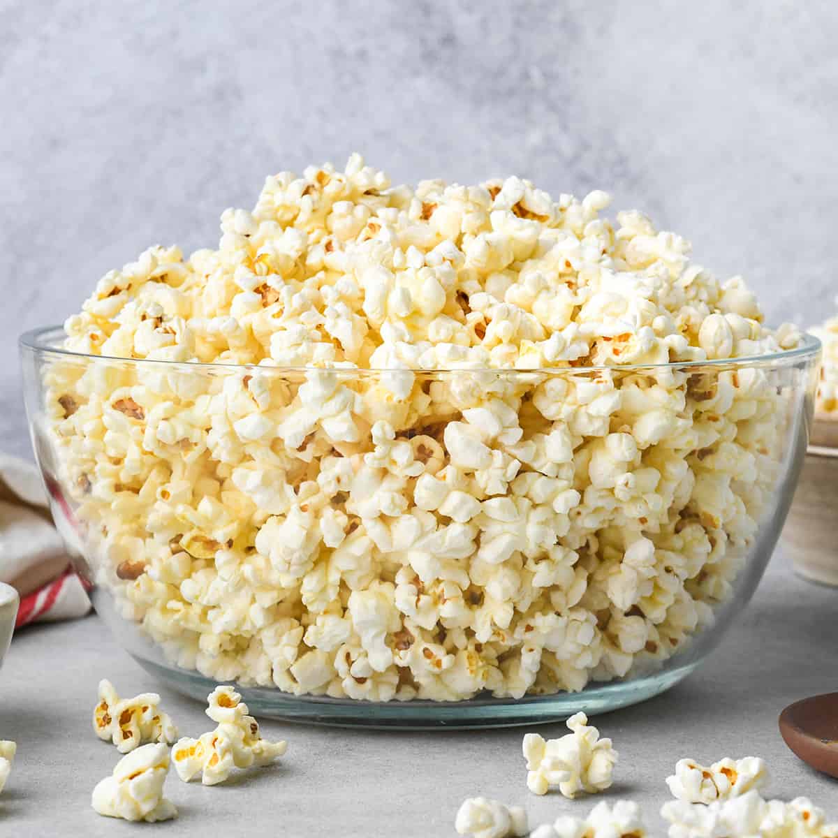 front view of Butter Popcorn in a glass bowl