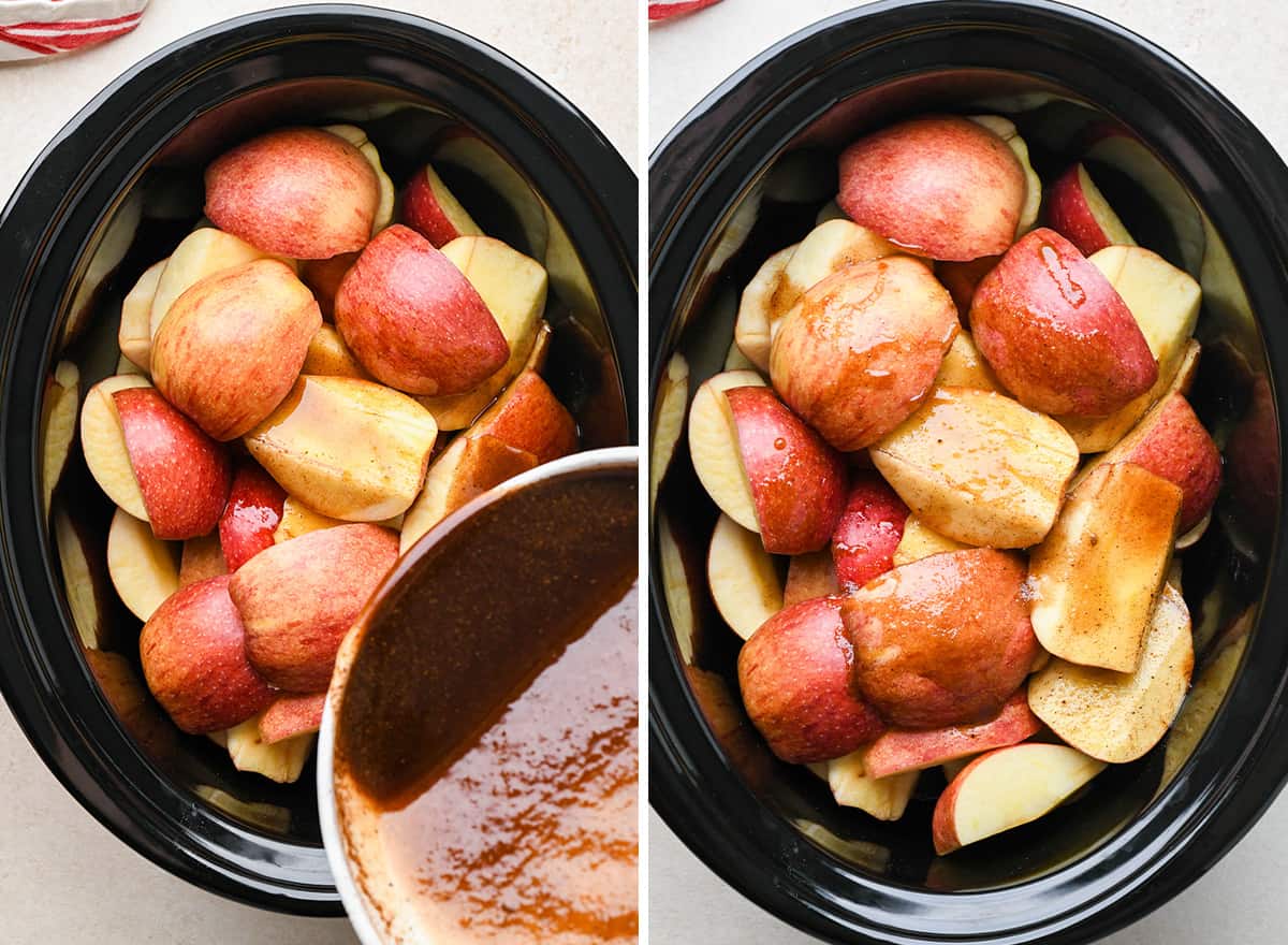 two photos showing How to Make Apple Butter - ingredients being put into the container of a slow cooker