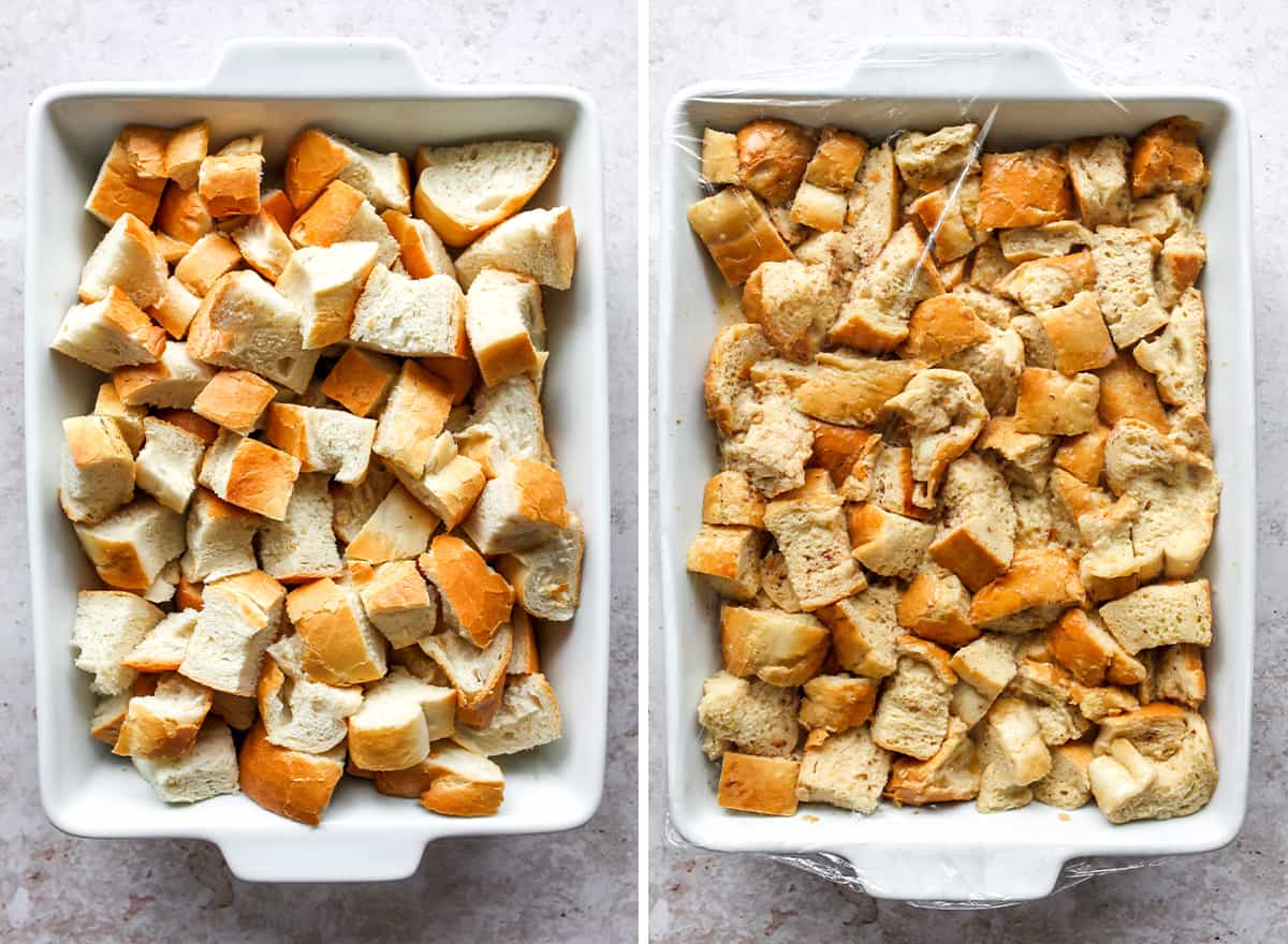two photos showing how to make Overnight Baked French Toast Casserole