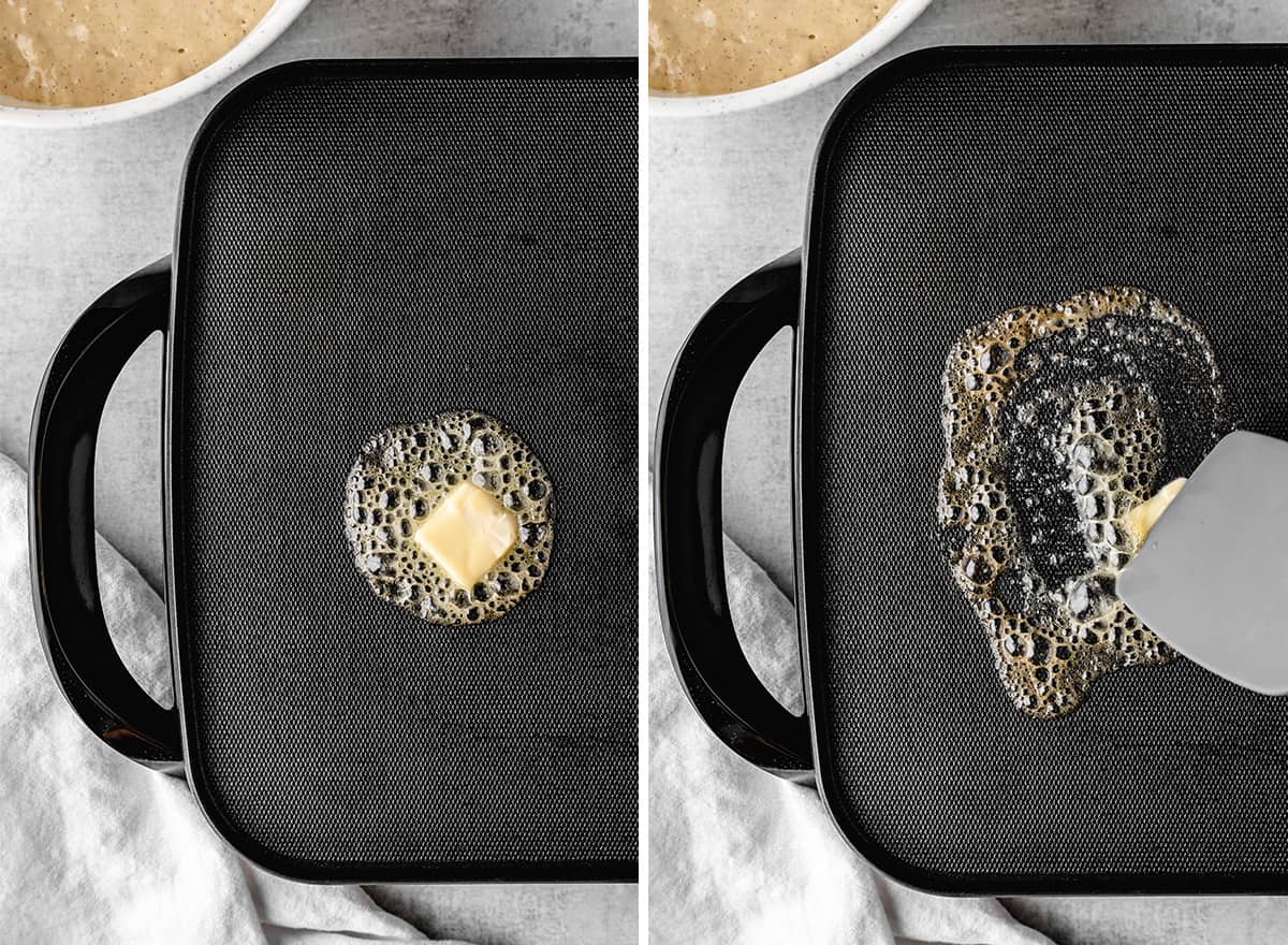 two photos showing butter melting on a griddle
