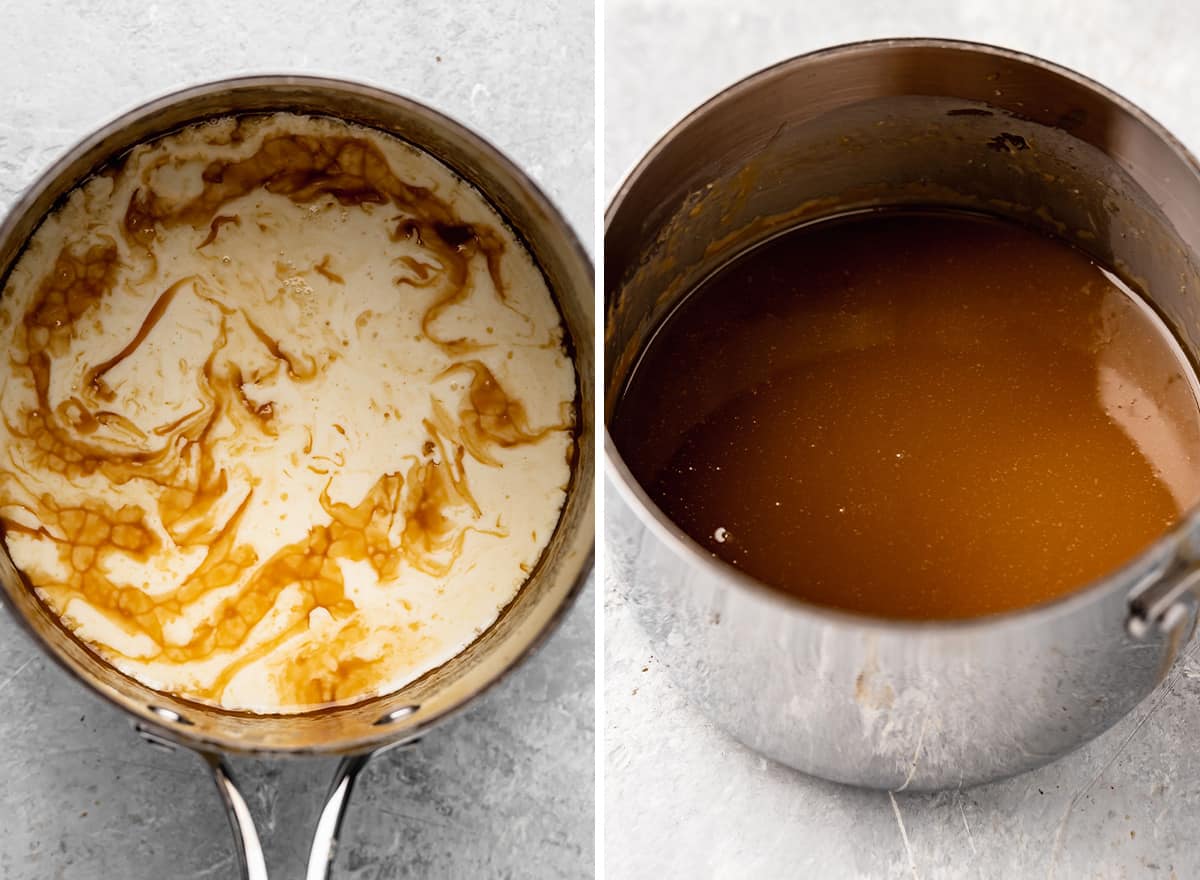 two photos showing how to make Caramel Sauce - adding heavy cream