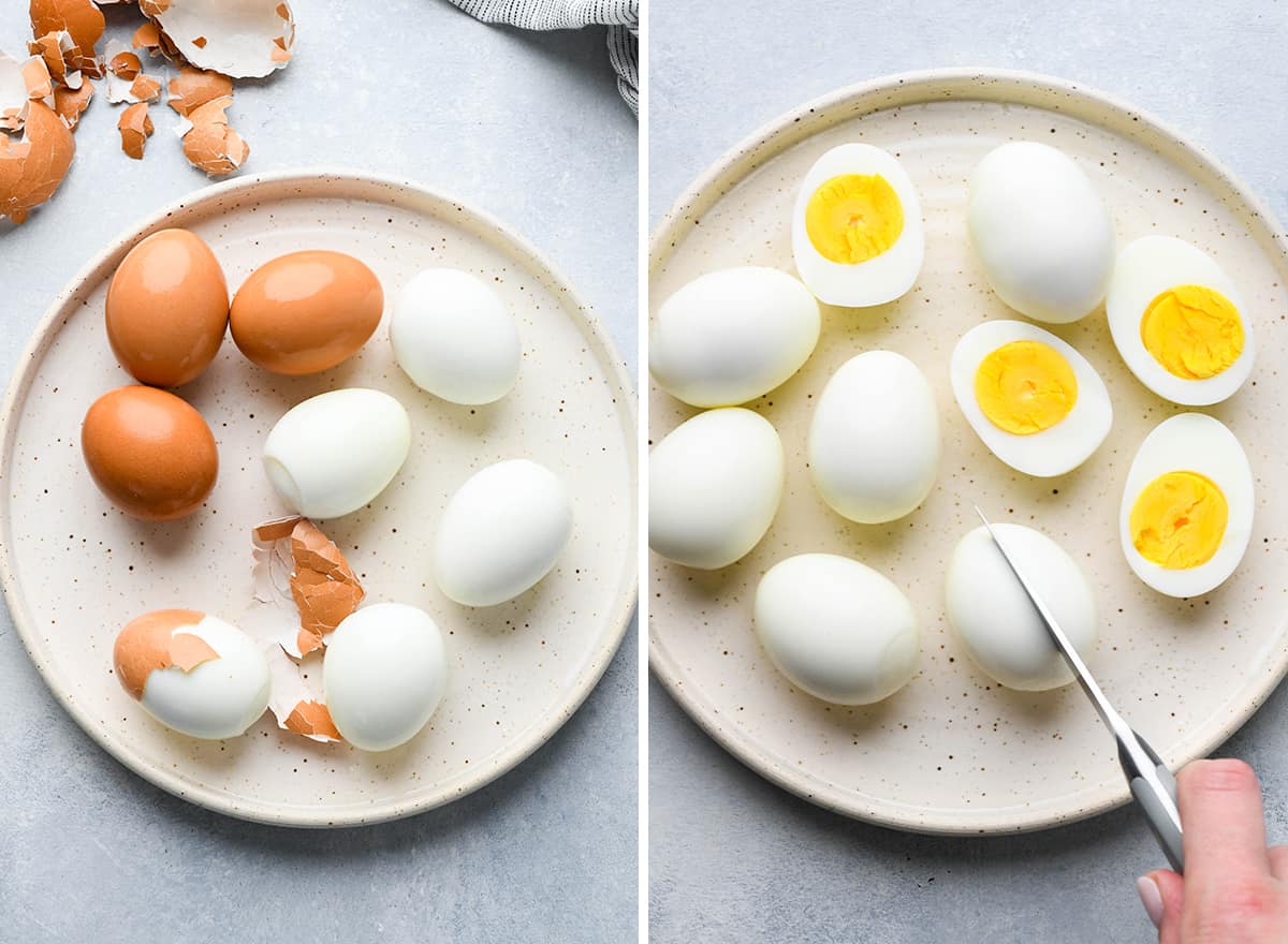 two photos showing peeling and halving hard boiled eggs to make deviled eggs