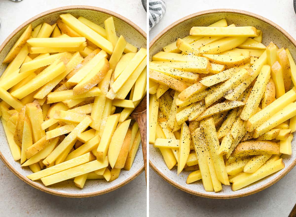 two photos showing How to Make Homemade French Fries - seasoning with salt and pepper 