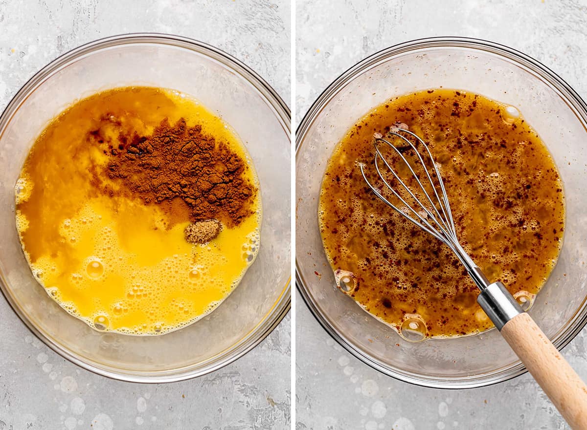 two photos showing How to Make French Toast - adding cinnamon and sugar to eggs