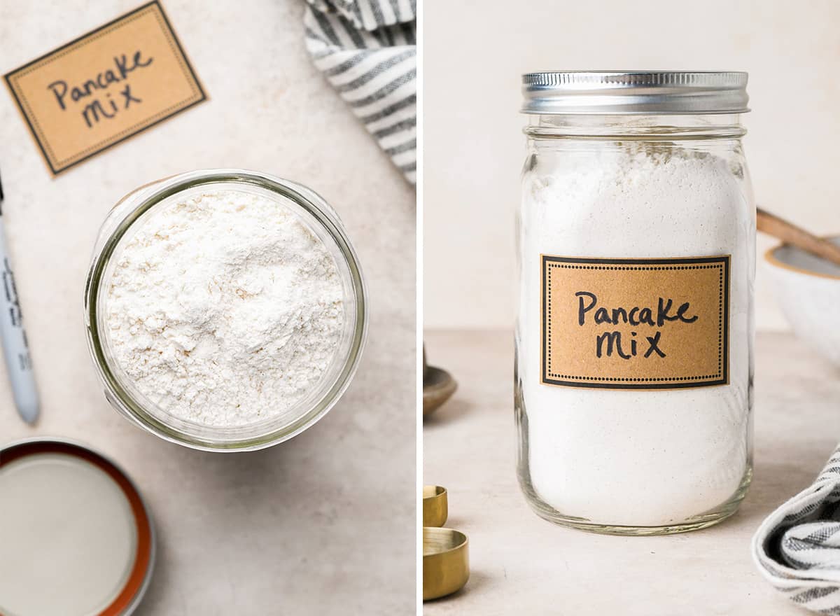 two photos of Homemade Pancake Mix in a glass jar with a label