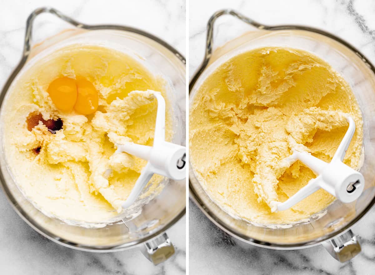 two photos showing How to Make Shortbread Cookies - adding egg and vanilla