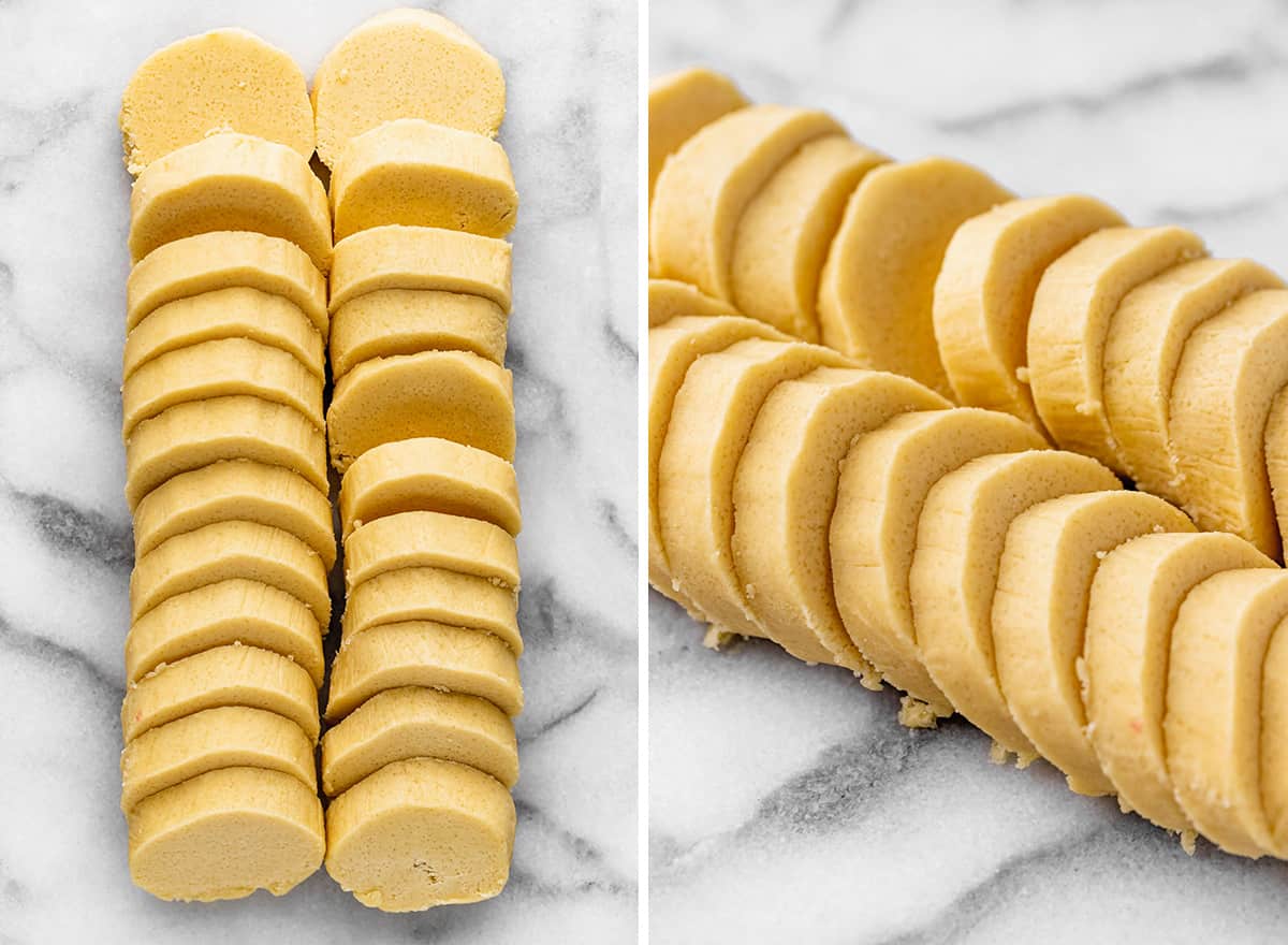two photos showing How to Make Shortbread Cookies - slicing the dough into circles