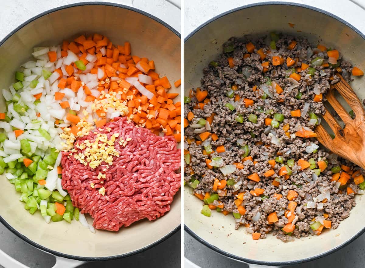 two photos showing How to Make Stuffed Peppers filling
