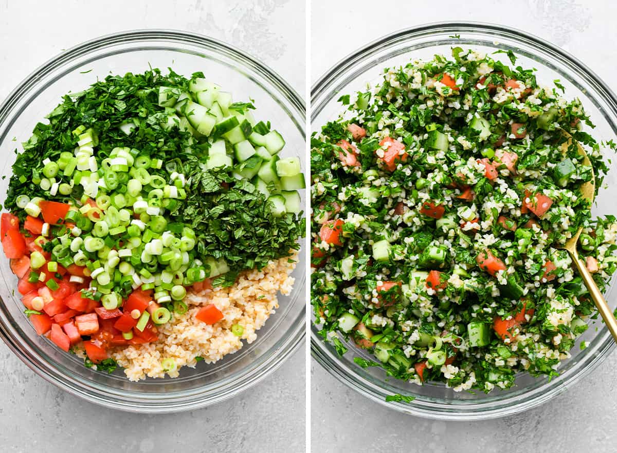 two photos showing How to Make Tabouli - assembling the salad