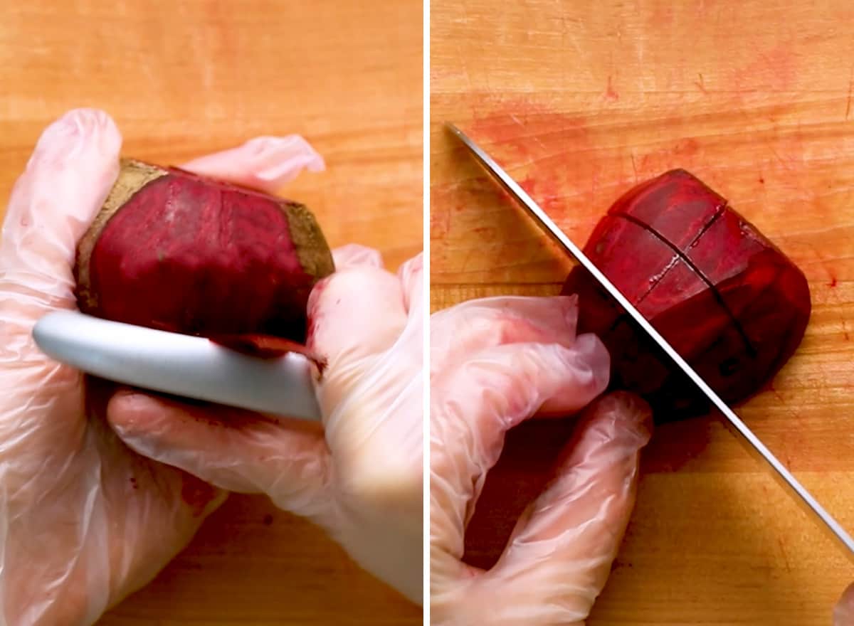 two photos showing how to peel and cut beets for roasted beets.