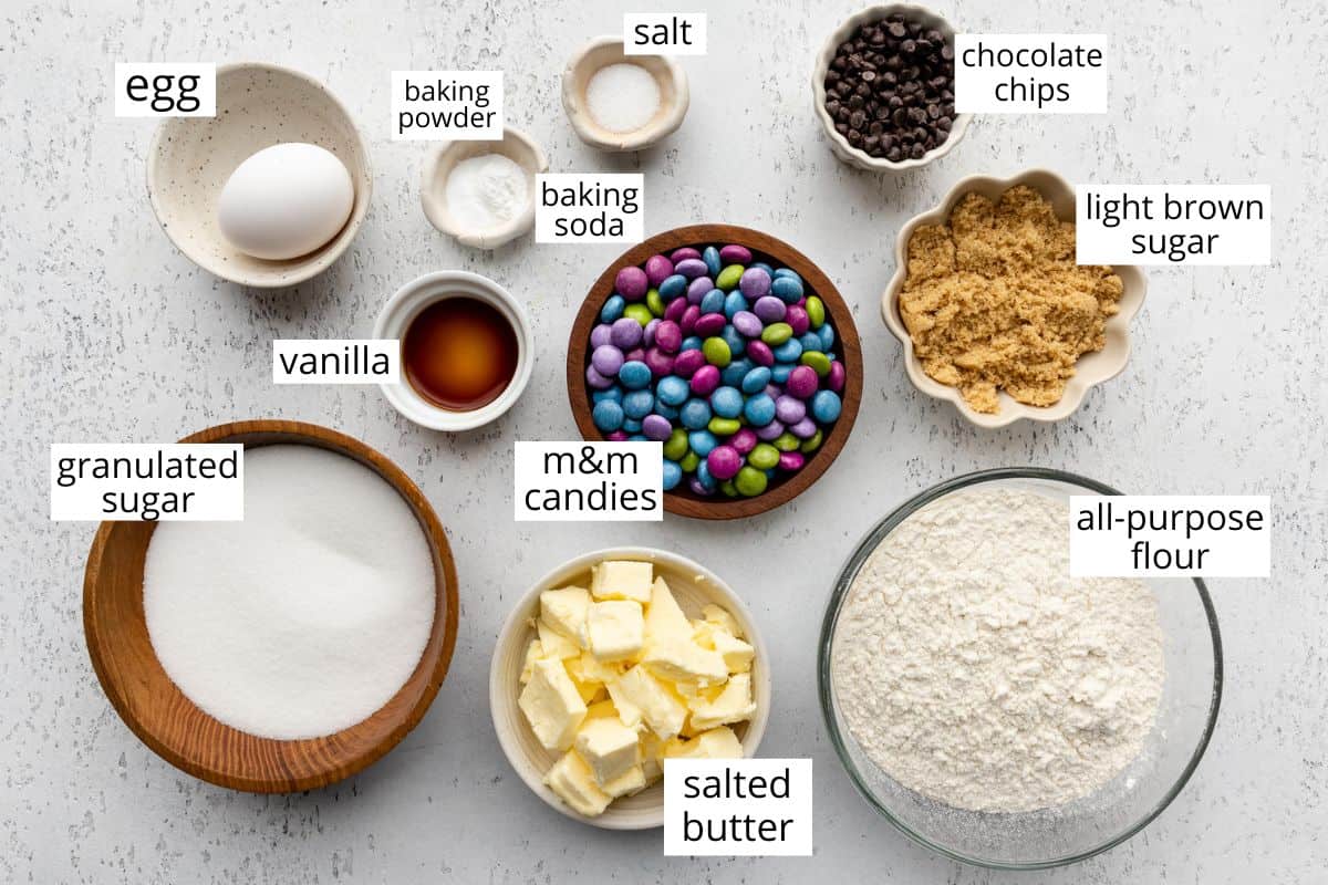 overhead view of the labeled ingredients in this M & M Cookie recipe