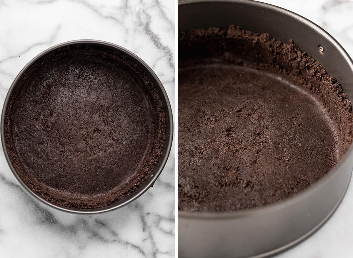 two photos showing how to make an Oreo crust for no bake chocolate cheesecake