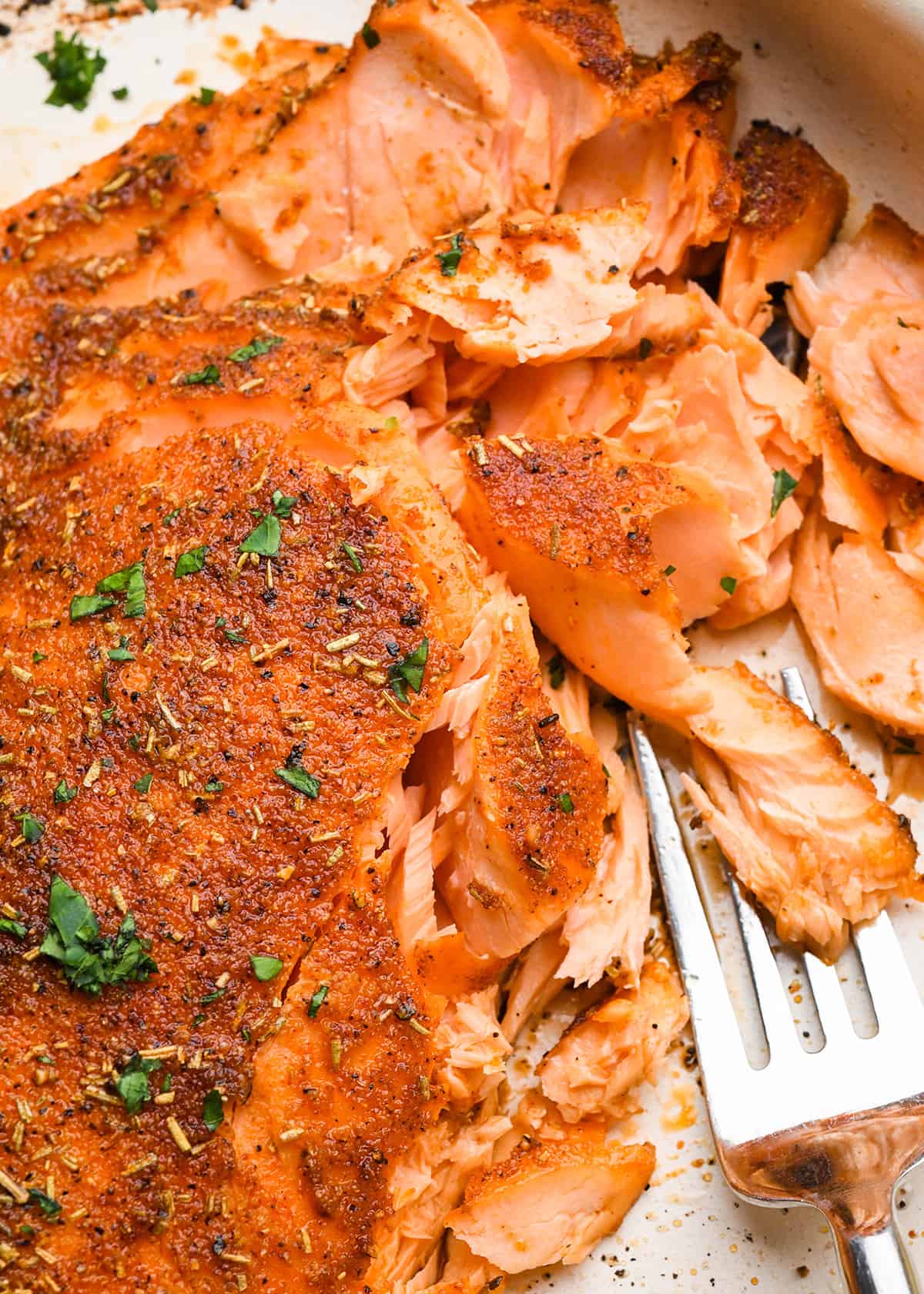 up close view of Oven Baked Salmon with a fork