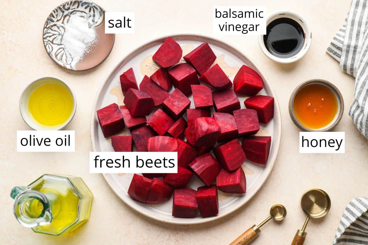 overhead photo of the labeled ingredients in this Roasted Beets recipe