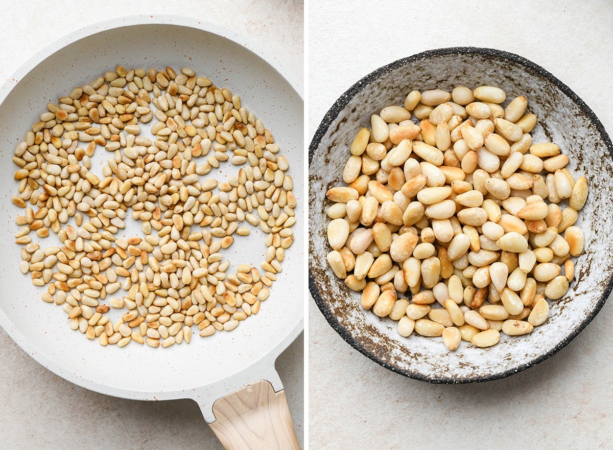 two photos showing toasting pine nuts to make pesto tortellini