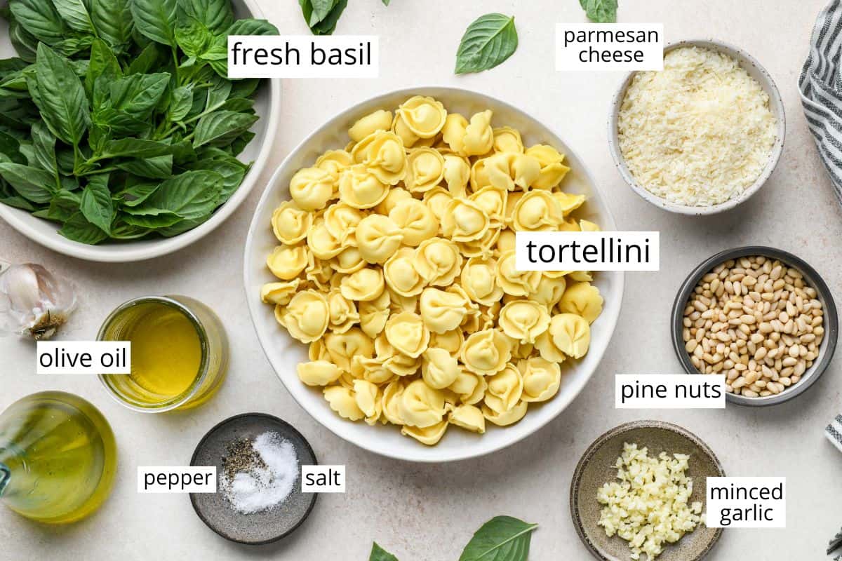 overhead photo of the ingredients in this Pesto Tortellini recipe