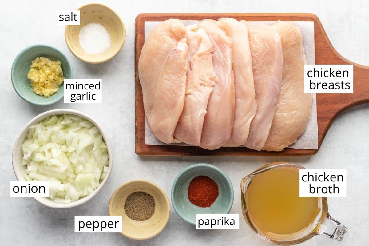 overhead photo of the ingredients in this slow cooker shredded chicken recipe