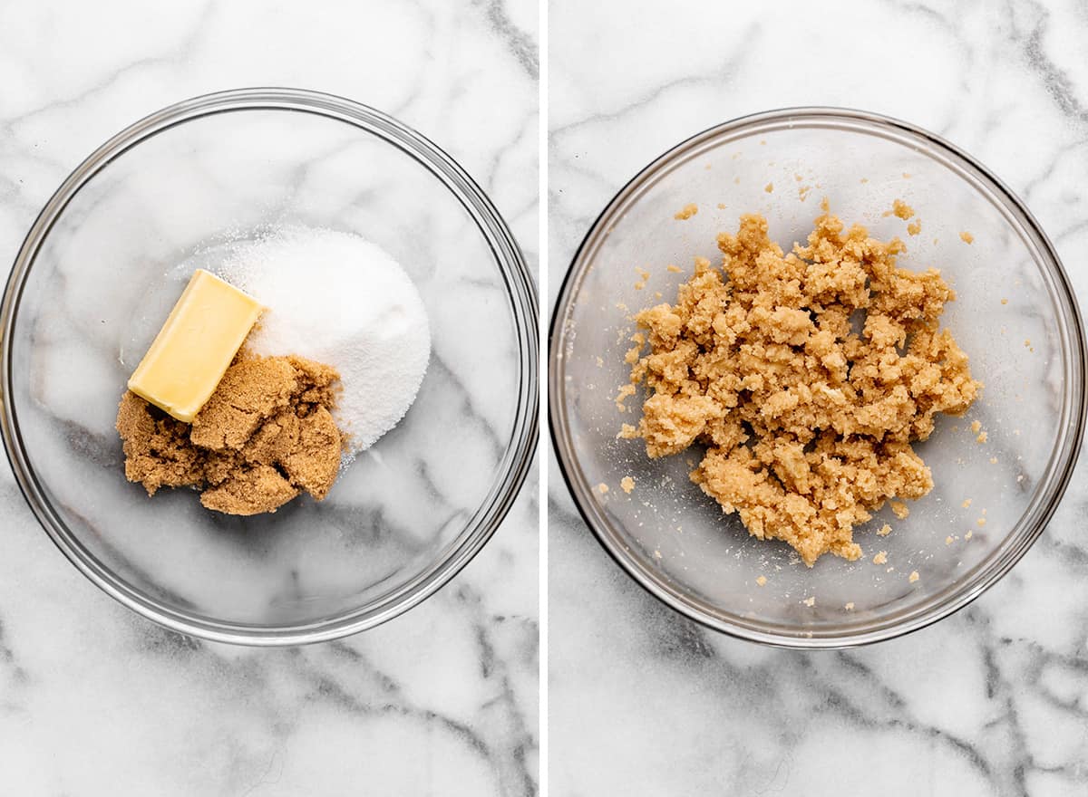 two photos showing how to make small batch chocolate chip cookies - beating butter and sugars