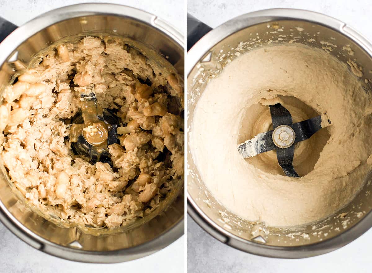 two photos showing how to make White Bean Hummus in a blender