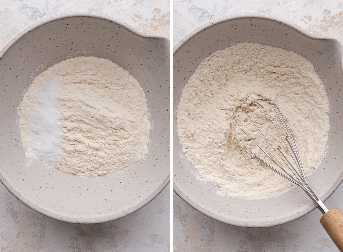 two photos showing how to make white chocolate macadamia nut cookies - mixing dry ingredients