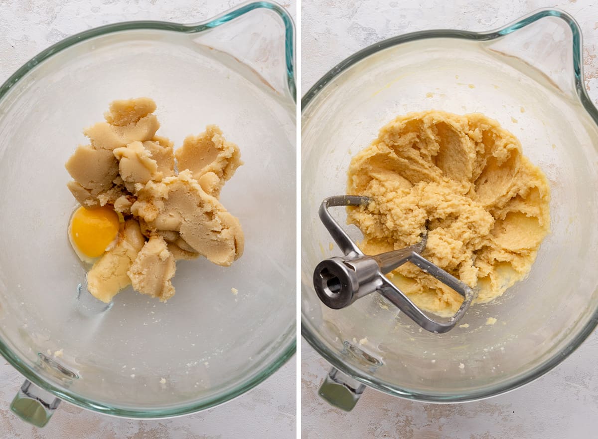 two photos showing how to make white chocolate macadamia nut cookies - adding egg and vanilla