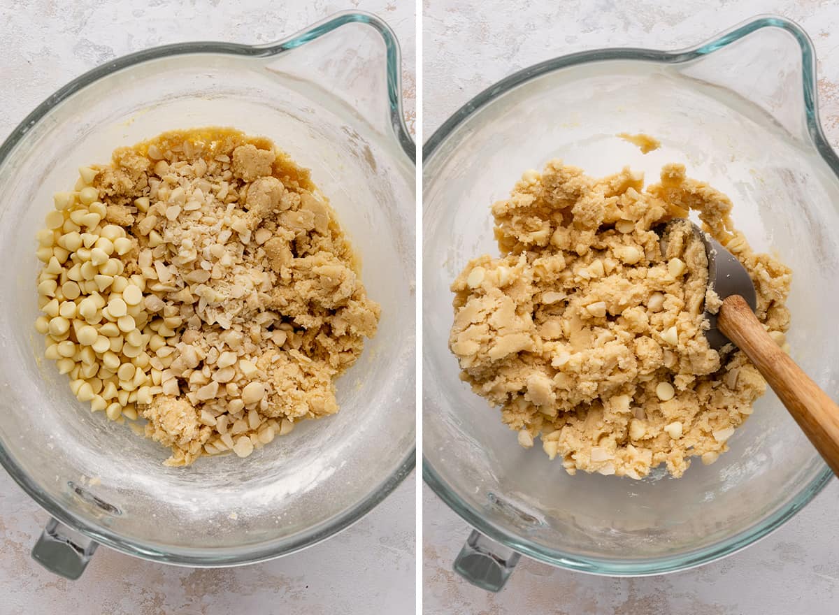 two photos showing how to make white chocolate macadamia nut cookies - adding white chocolate and macadamia nuts